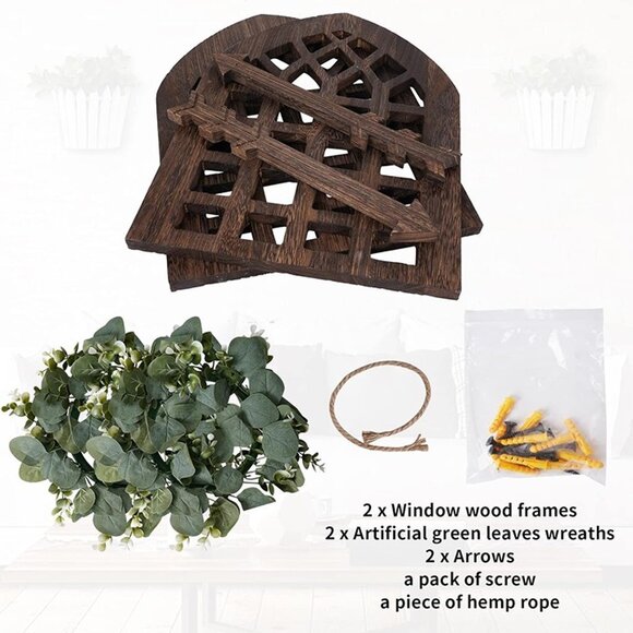 NEW  Set of 2 Rustic Wood Window Frame with Green Wreath and Arrows Wall Decor - Picture 4 of 8